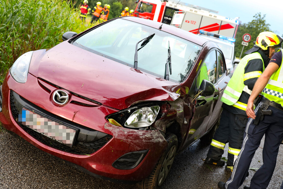 Auto bei Verkehrsunfall in Fischlham im Maisfeld gelandet