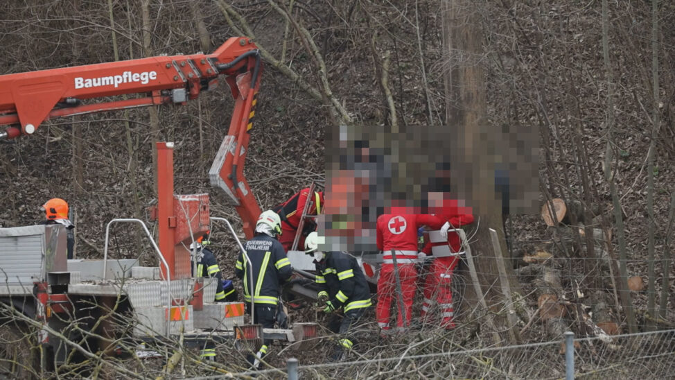 Verletzter Forstarbeiter in Thalheim bei Wels aus Arbeitskorb eines Hubsteigers gerettet