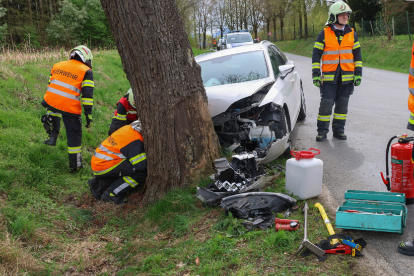 Lenker verletzt: Auto bei Verkehrsunfall in Thalheim bei Wels frontal gegen Baum gekracht